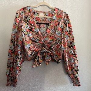 Floral V-Neck Blouse with Tie Front
